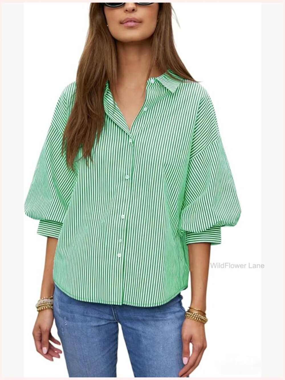 Striped Button Down Shirt Puff Sleeve V Neck Loose Blouse Office Wear